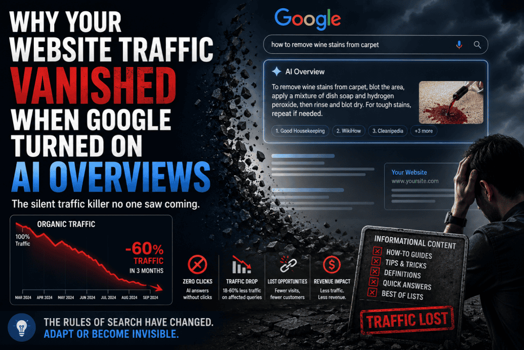 Google AI Overviews traffic loss Why website traffic dropped after AI search results How to recover traffic lost to Google AI generated answers , dgtal grow